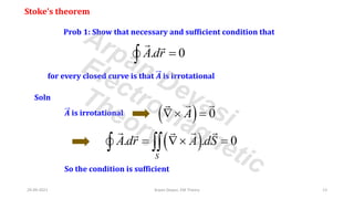 Stoke’s theorem
for every closed curve is that 𝑨 is irrotational
. 0
Adr =

Prob 1: Show that necessary and sufficient condition that
Soln
𝑨 is irrotational ( ) 0
A
 =
( )
. . 0
S
A dr A dS
=  =
 
So the condition is sufficient
29-09-2021 Arpan Deyasi, EM Theory 13
Arpan Deyasi
Electromagnetic
Theory
 