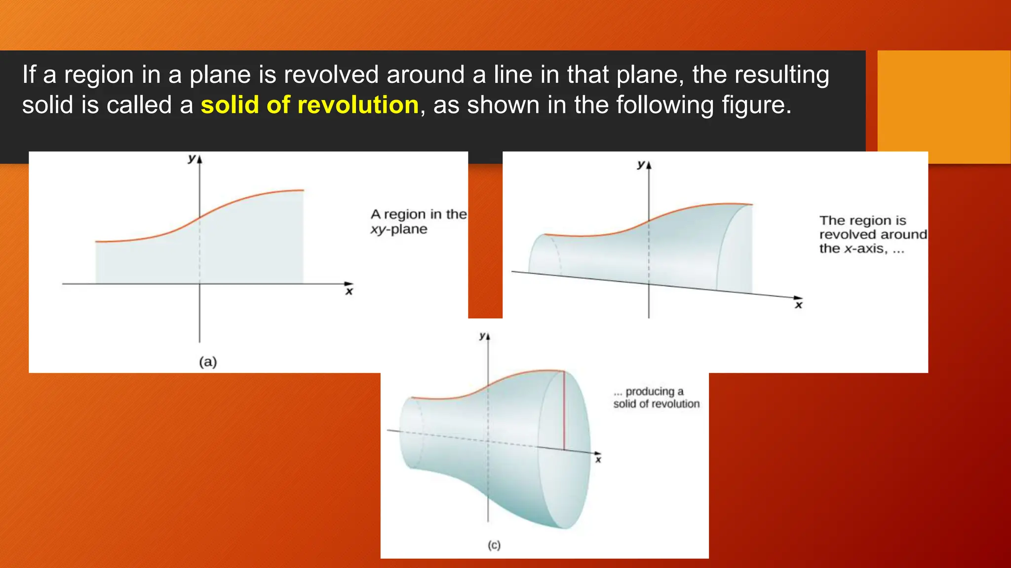 If a region in a plane is revolved around a line in that plane, the resulting
solid is called a solid of revolution, as shown in the following figure.
 
