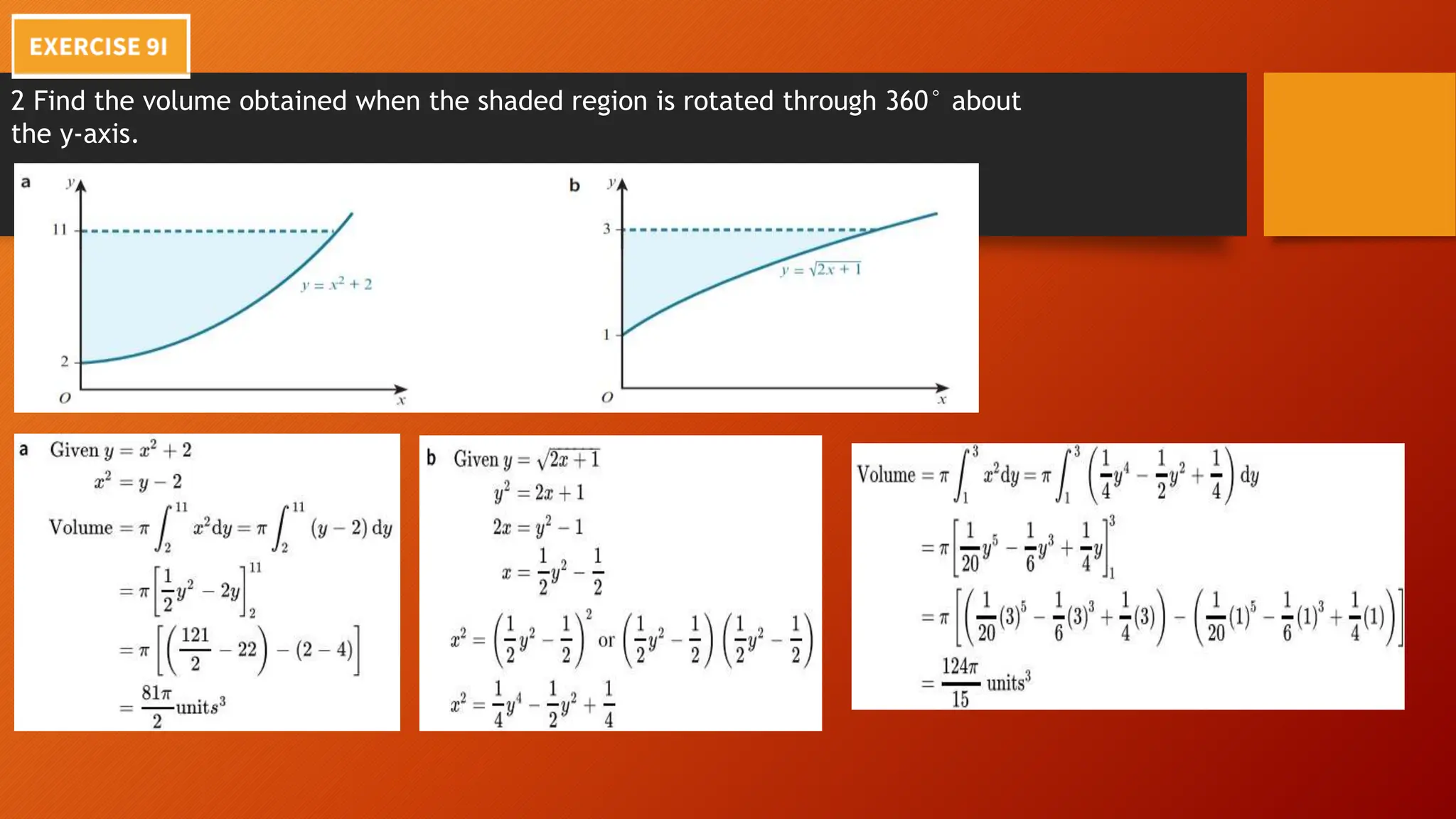 2 Find the volume obtained when the shaded region is rotated through 360° about
the y-axis.
 