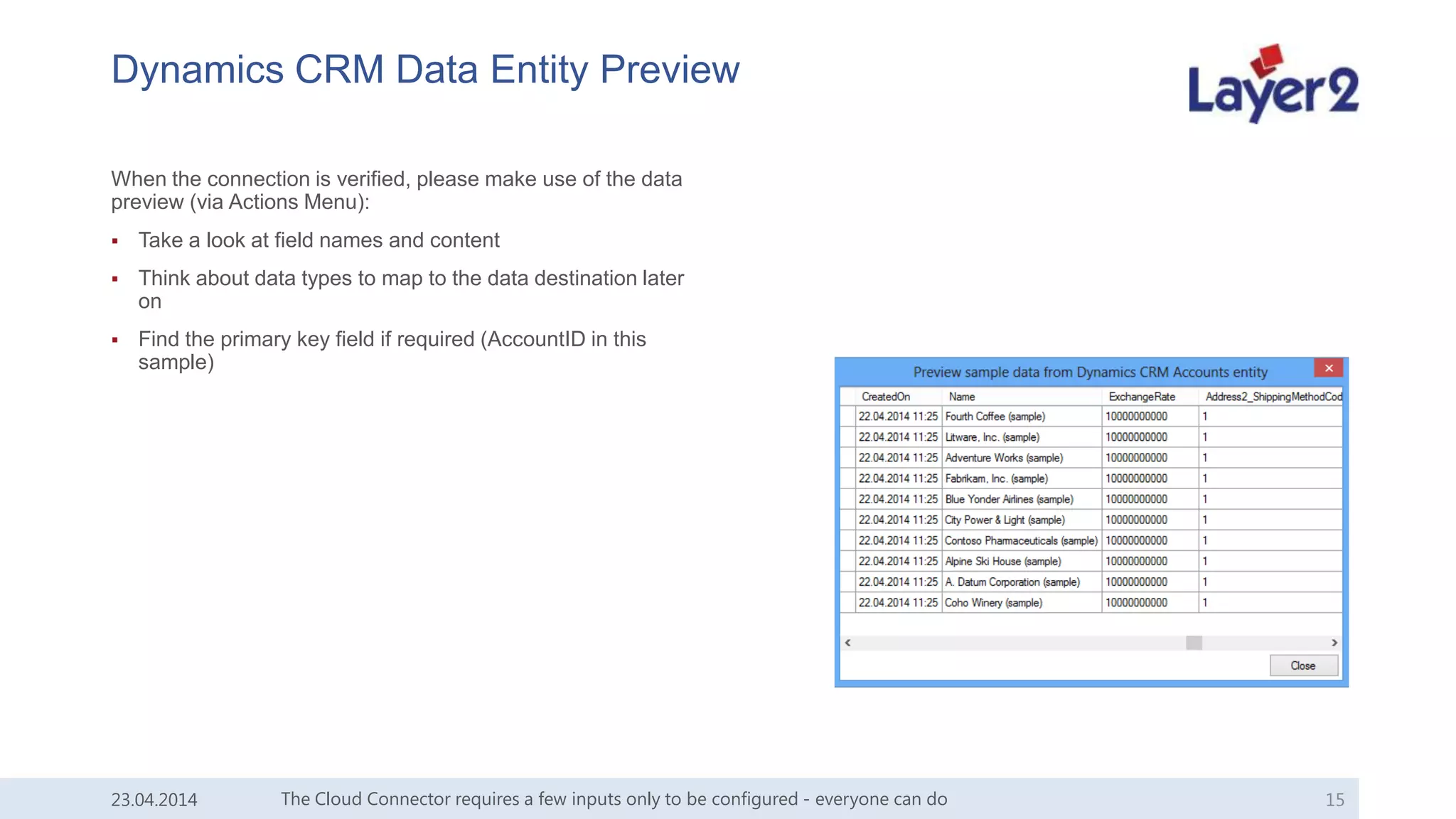 Dynamics CRM Data Entity Preview
When the connection is verified, please make use of the data
preview (via Actions Menu):
 Take a look at field names and content
 Think about data types to map to the data destination later
on
 Find the primary key field if required (AccountID in this
sample)
The Cloud Connector requires a few inputs only to be configured - everyone can do 1523.04.2014
 
