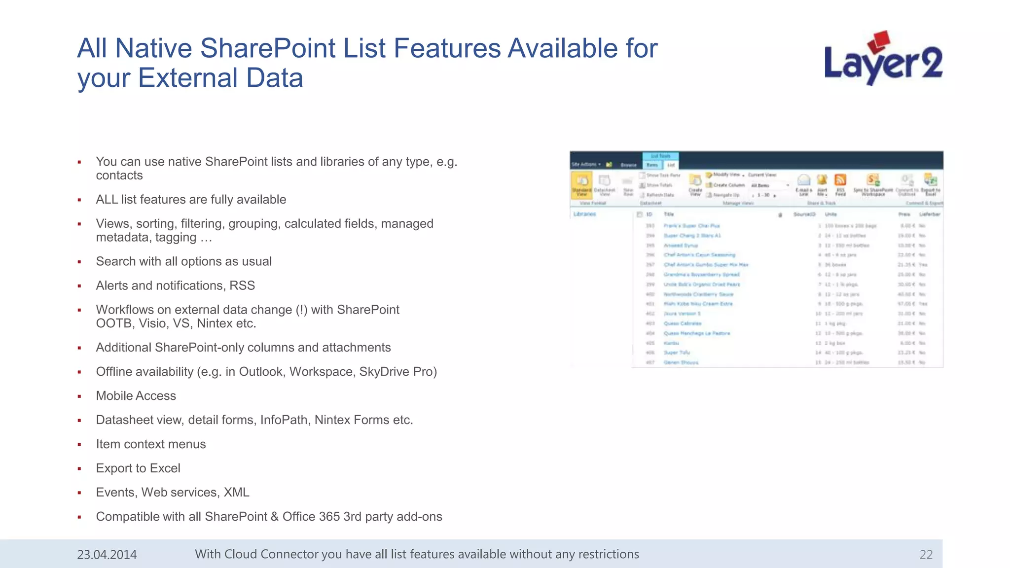 All Native SharePoint List Features Available for
your External Data
 You can use native SharePoint lists and libraries of any type, e.g.
contacts
 ALL list features are fully available
 Views, sorting, filtering, grouping, calculated fields, managed
metadata, tagging …
 Search with all options as usual
 Alerts and notifications, RSS
 Workflows on external data change (!) with SharePoint
OOTB, Visio, VS, Nintex etc.
 Additional SharePoint-only columns and attachments
 Offline availability (e.g. in Outlook, Workspace, SkyDrive Pro)
 Mobile Access
 Datasheet view, detail forms, InfoPath, Nintex Forms etc.
 Item context menus
 Export to Excel
 Events, Web services, XML
 Compatible with all SharePoint & Office 365 3rd party add-ons
With Cloud Connector you have all list features available without any restrictions 2223.04.2014
 