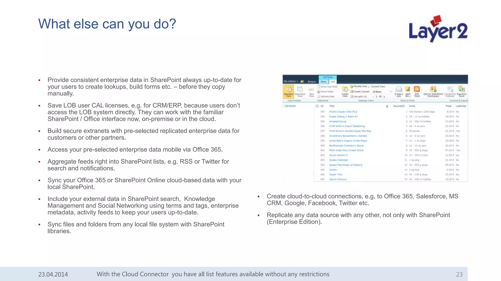 What else can you do?
 Provide consistent enterprise data in SharePoint always up-to-date for
your users to create lookups, build forms etc. – before they copy
manually.
 Save LOB user CAL licenses, e.g. for CRM/ERP, because users don’t
access the LOB system directly. They can work with the familiar
SharePoint / Office interface now, on-premise or in the cloud.
 Build secure extranets with pre-selected replicated enterprise data for
customers or other partners.
 Access your pre-selected enterprise data mobile via Office 365.
 Aggregate feeds right into SharePoint lists, e.g. RSS or Twitter for
search and notifications.
 Sync your Office 365 or SharePoint Online cloud-based data with your
local SharePoint.
 Include your external data in SharePoint search, Knowledge
Management and Social Networking using terms and tags, enterprise
metadata, activity feeds to keep your users up-to-date.
 Sync files and folders from any local file system with SharePoint
libraries.
 Create cloud-to-cloud connections, e.g. to Office 365, Salesforce, MS
CRM, Google, Facebook, Twitter etc.
 Replicate any data source with any other, not only with SharePoint
(Enterprise Edition).
With the Cloud Connector you have all list features available without any restrictions 2323.04.2014
 