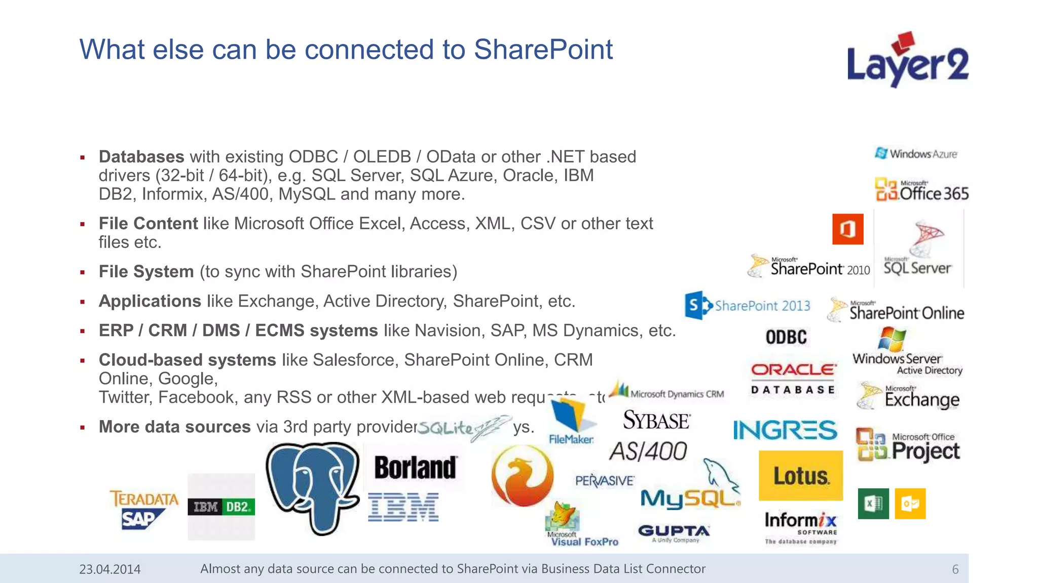 What else can be connected to SharePoint
 Databases with existing ODBC / OLEDB / OData or other .NET based
drivers (32-bit / 64-bit), e.g. SQL Server, SQL Azure, Oracle, IBM
DB2, Informix, AS/400, MySQL and many more.
 File Content like Microsoft Office Excel, Access, XML, CSV or other text
files etc.
 File System (to sync with SharePoint libraries)
 Applications like Exchange, Active Directory, SharePoint, etc.
 ERP / CRM / DMS / ECMS systems like Navision, SAP, MS Dynamics, etc.
 Cloud-based systems like Salesforce, SharePoint Online, CRM
Online, Google,
Twitter, Facebook, any RSS or other XML-based web requests, etc.
 More data sources via 3rd party provider and gateways.
23.04.2014 Almost any data source can be connected to SharePoint via Business Data List Connector 6
 