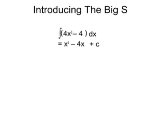 Introducing The Big S
4x3
– 4
= x4
– 4x
( )
+ c
∫ dx
 
