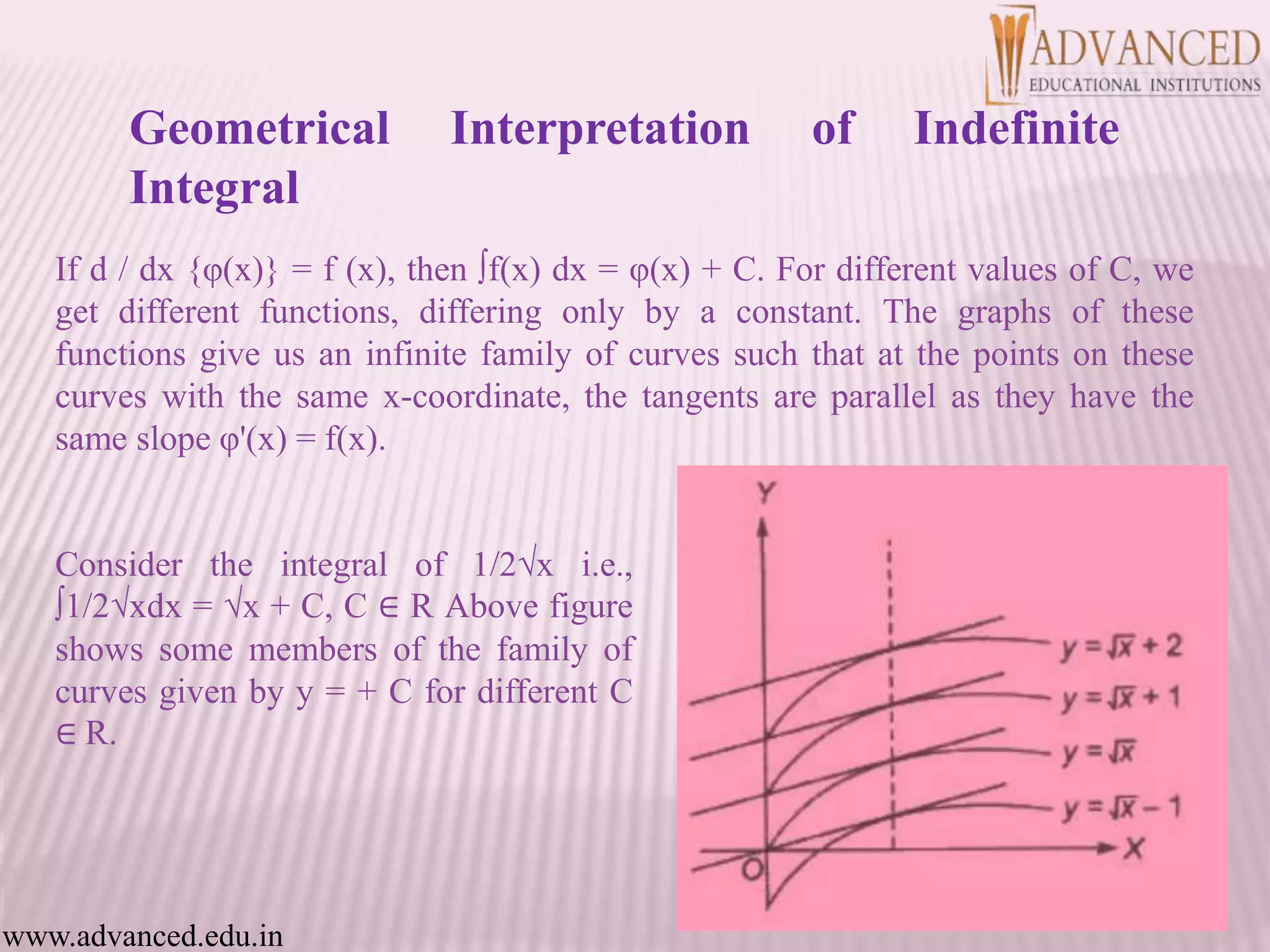 If d / dx {φ(x)} = f (x), then ∫f(x) dx = φ(x) + C. For different values of C, we
get different functions, differing only by a constant. The graphs of these
functions give us an infinite family of curves such that at the points on these
curves with the same x-coordinate, the tangents are parallel as they have the
same slope φ'(x) = f(x).
Consider the integral of 1/2√x i.e.,
∫1/2√xdx = √x + C, C ∈ R Above figure
shows some members of the family of
curves given by y = + C for different C
∈ R.
www.advanced.edu.in
Geometrical Interpretation of Indefinite
Integral
 