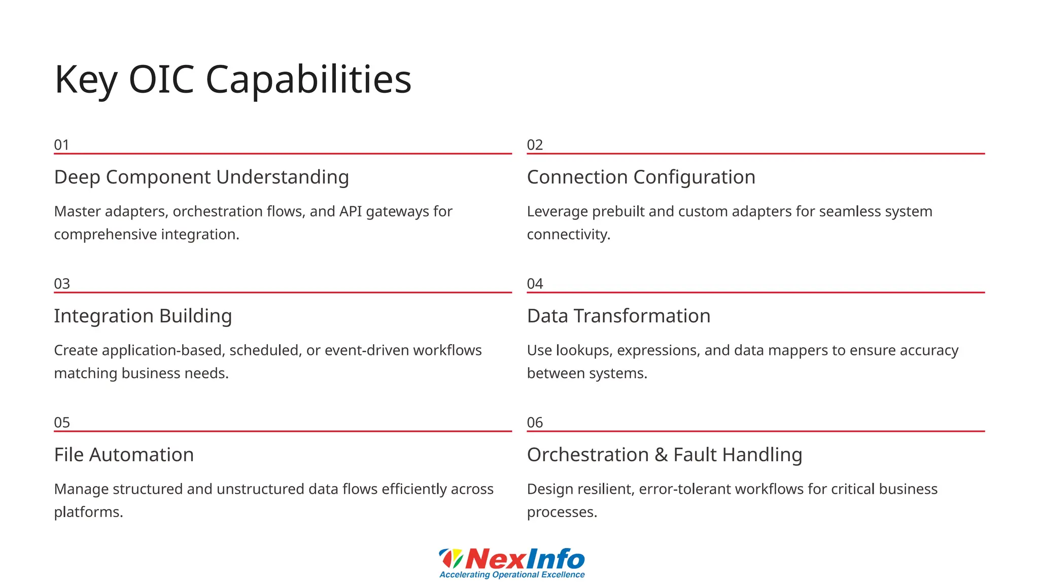Key OIC Capabilities
01
Deep Component Understanding
Master adapters, orchestration flows, and API gateways for
comprehensive integration.
02
Connection Configuration
Leverage prebuilt and custom adapters for seamless system
connectivity.
03
Integration Building
Create application-based, scheduled, or event-driven workflows
matching business needs.
04
Data Transformation
Use lookups, expressions, and data mappers to ensure accuracy
between systems.
05
File Automation
Manage structured and unstructured data flows efficiently across
platforms.
06
Orchestration & Fault Handling
Design resilient, error-tolerant workflows for critical business
processes.
 