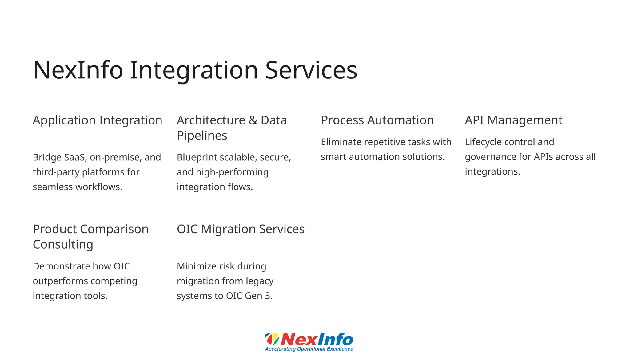 NexInfo Integration Services
Application Integration
Bridge SaaS, on-premise, and
third-party platforms for
seamless workflows.
Architecture & Data
Pipelines
Blueprint scalable, secure,
and high-performing
integration flows.
Process Automation
Eliminate repetitive tasks with
smart automation solutions.
API Management
Lifecycle control and
governance for APIs across all
integrations.
Product Comparison
Consulting
Demonstrate how OIC
outperforms competing
integration tools.
OIC Migration Services
Minimize risk during
migration from legacy
systems to OIC Gen 3.
 