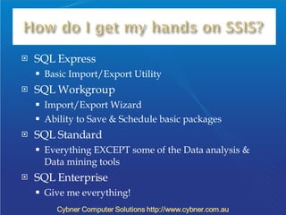 SQL Express Basic Import/Export Utility  SQL Workgroup Import/Export Wizard Ability to Save & Schedule basic packages SQL Standard Everything EXCEPT some of the Data analysis & Data mining tools SQL Enterprise Give me everything! 