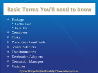 Package Control Flow Data Flow Containers Tasks Precedence Constraints Source Adapters Transformations Destination Adapters Connection Managers Variables 