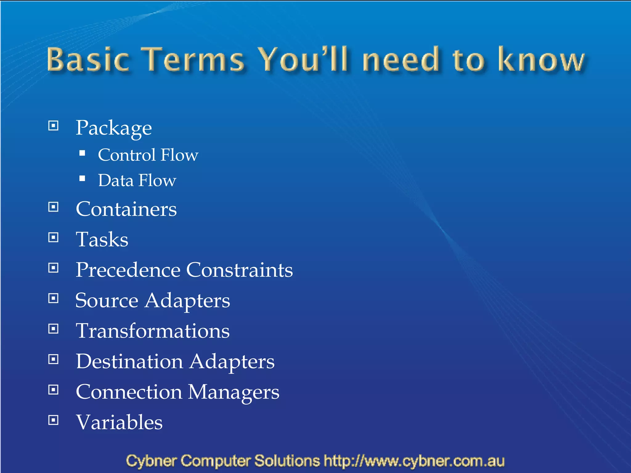 Package Control Flow Data Flow Containers Tasks Precedence Constraints Source Adapters Transformations Destination Adapters Connection Managers Variables 