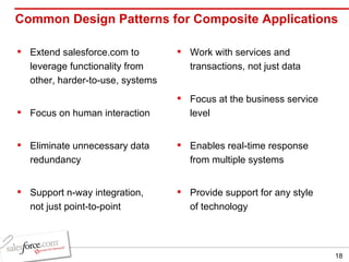 Common Design Patterns for Composite Applications Extend salesforce.com to leverage functionality from other, harder-to-use, systems  Focus on human interaction Eliminate unnecessary data redundancy Support n-way integration, not just point-to-point Work with services and transactions, not just data Focus at the business service level Enables real-time response from multiple systems  Provide support for any style of technology 