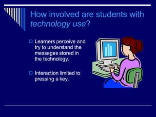 How involved are students with  technology use ? Learners perceive and try to understand the messages stored in the technology. Interaction limited to pressing a key. 