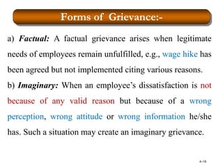 Forms of Grievance:-
4–18
a) Factual: A factual grievance arises when legitimate
needs of employees remain unfulfilled, e.g., wage hike has
been agreed but not implemented citing various reasons.
b) Imaginary: When an employee’s dissatisfaction is not
because of any valid reason but because of a wrong
perception, wrong attitude or wrong information he/she
has. Such a situation may create an imaginary grievance.
 