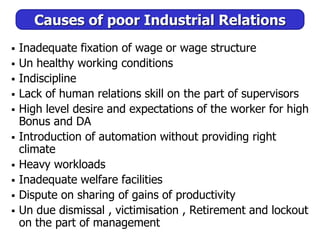 Causes of poor Industrial Relations
 Inadequate fixation of wage or wage structure
 Un healthy working conditions
 Indiscipline
 Lack of human relations skill on the part of supervisors
 High level desire and expectations of the worker for high
Bonus and DA
 Introduction of automation without providing right
climate
 Heavy workloads
 Inadequate welfare facilities
 Dispute on sharing of gains of productivity
 Un due dismissal , victimisation , Retirement and lockout
on the part of management
 