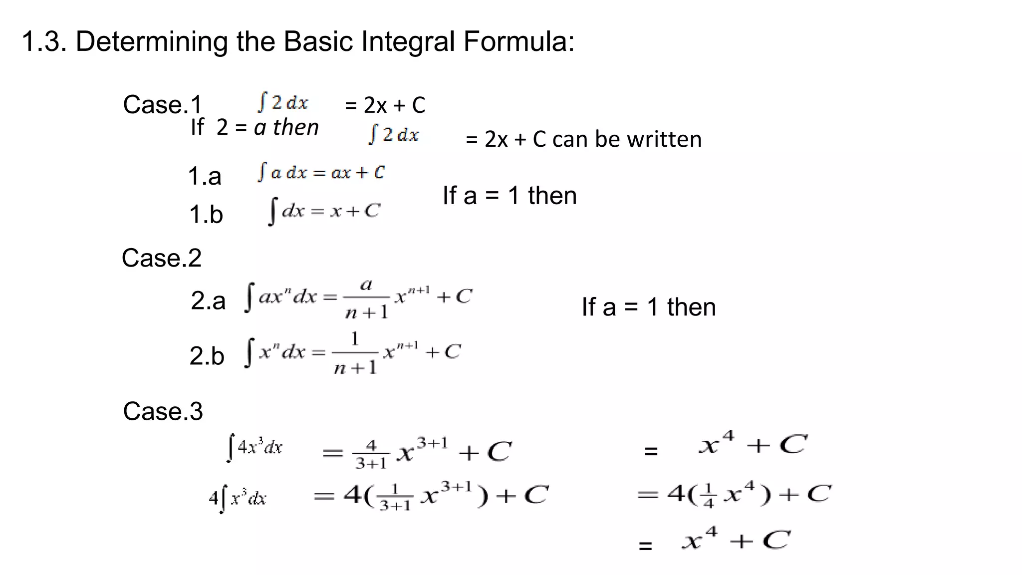 = 2x + C
If 2 = a then = 2x + C can be written
1.a
2.a
2.b
If a = 1 then
If a = 1 then
Case.1
Case.2
Case.3
1.b
=
=
1.3. Determining the Basic Integral Formula:
 