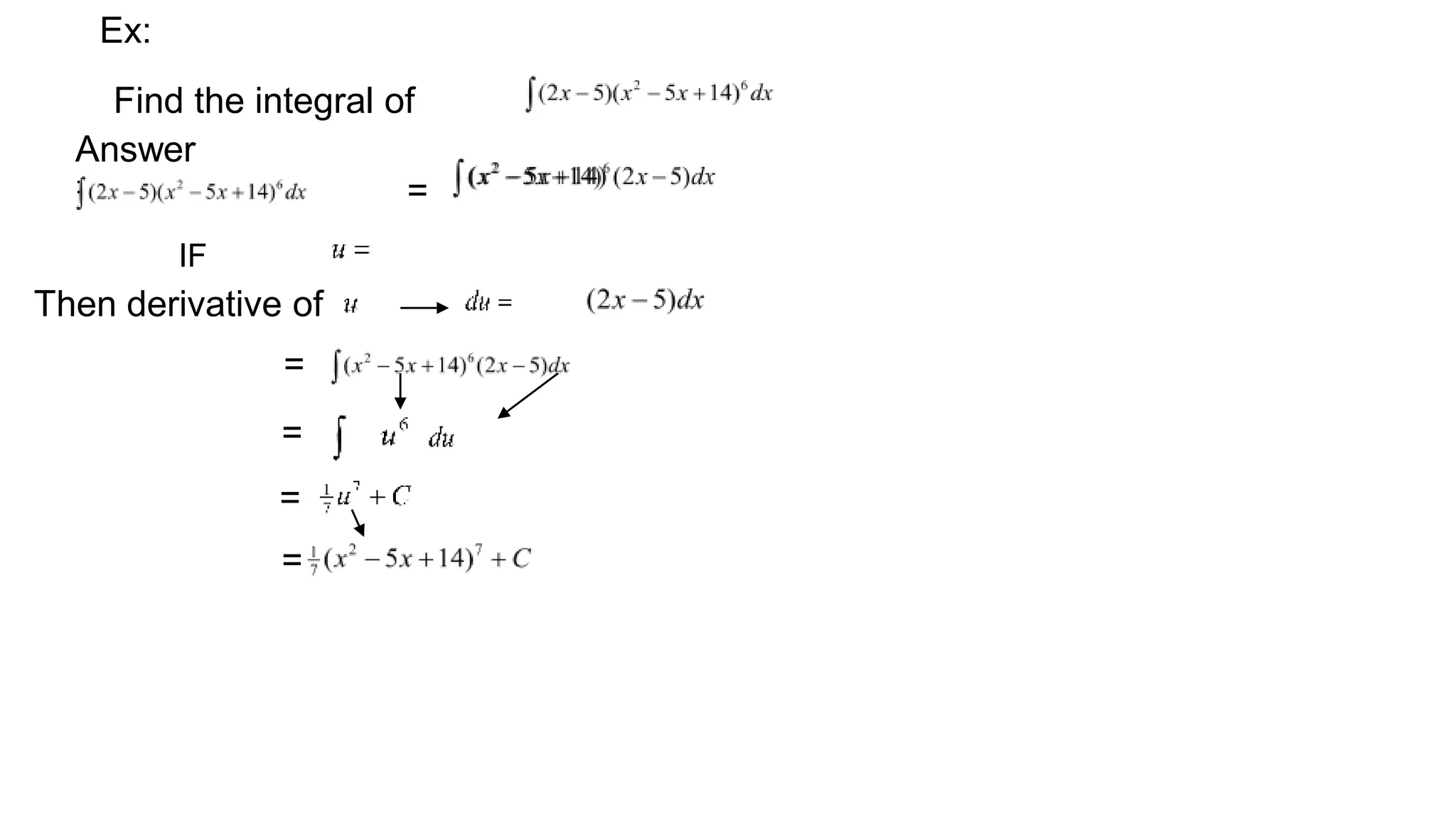 Ex:
Find the integral of
Answer
: =
IF
Then derivative of
=
=
=
=
 