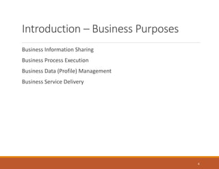 Introduction – Business Purposes
Business Information Sharing
Business Process Execution
Business Data (Profile) Management
Business Service Delivery
4
 