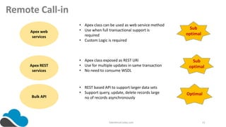 SalesforceCodex.com 21
Remote Call-in
• Apex class can be used as web service method
• Use when full transactional support is
required
• Custom Logic is required
Apex web
services
Apex REST
services
• Apex class exposed as REST URI
• Use for multiple updates in same transaction
• No need to consume WSDL
Bulk API
• REST based API to support larger data sets
• Support query, update, delete records large
no of records asynchronously
Sub
optimal
Optimal
Sub
optimal
 