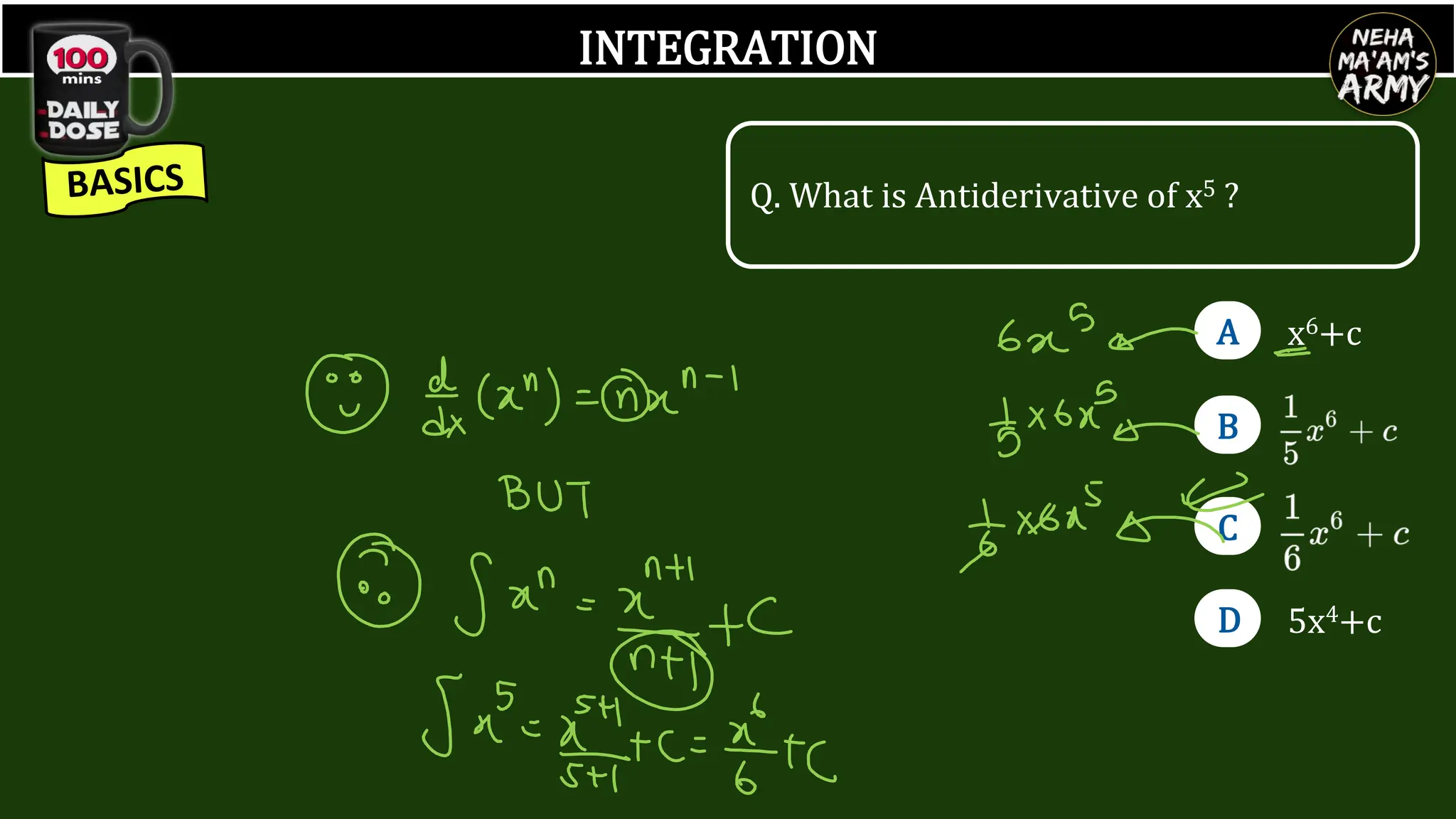 INTEGRATION
Q. What is Antiderivative of x5 ?
A
B
C
D
x6+c
5x4+c
 