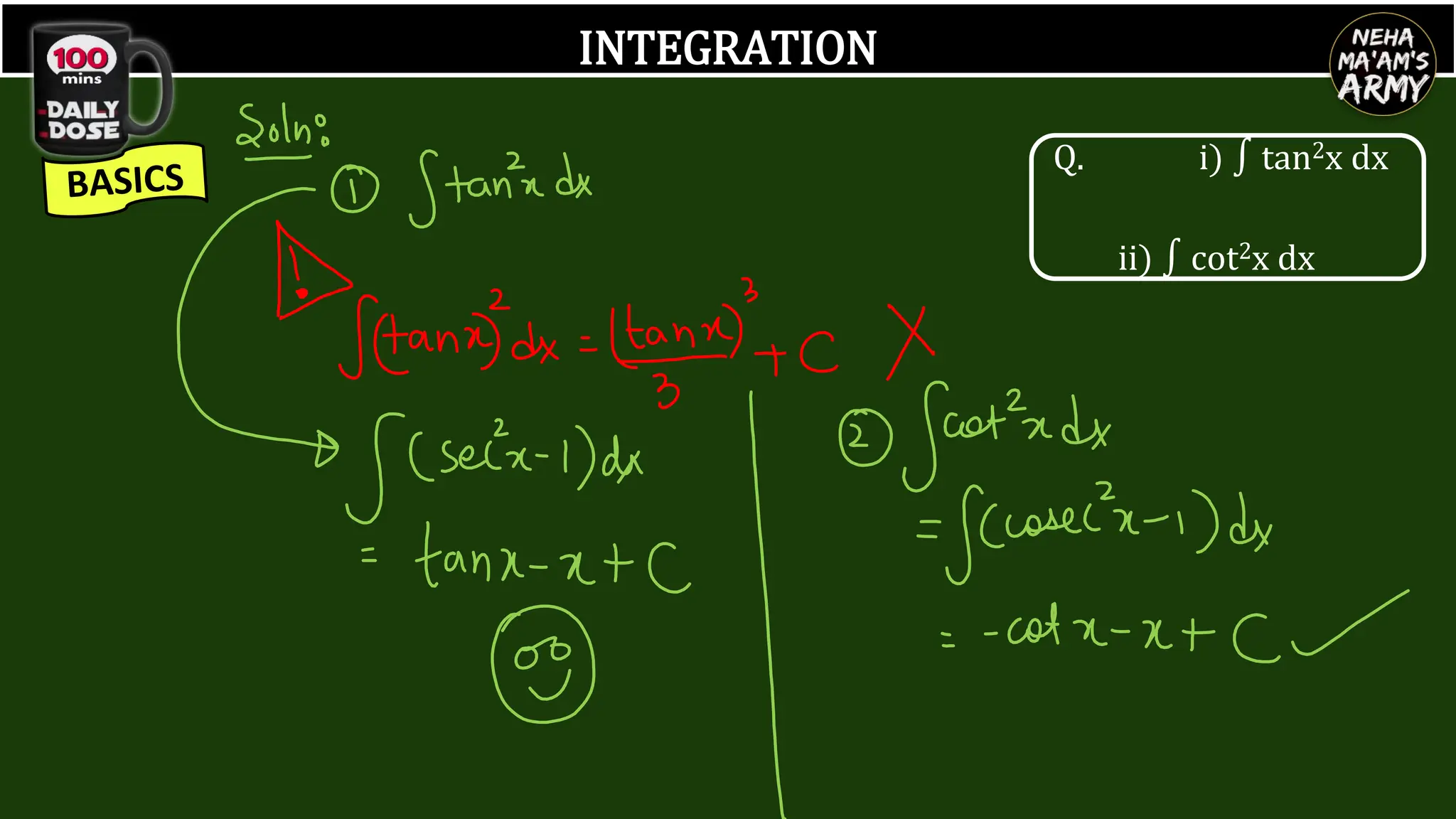 INTEGRATION
Q. i) ∫ tan2x dx
ii) ∫ cot2x dx
 