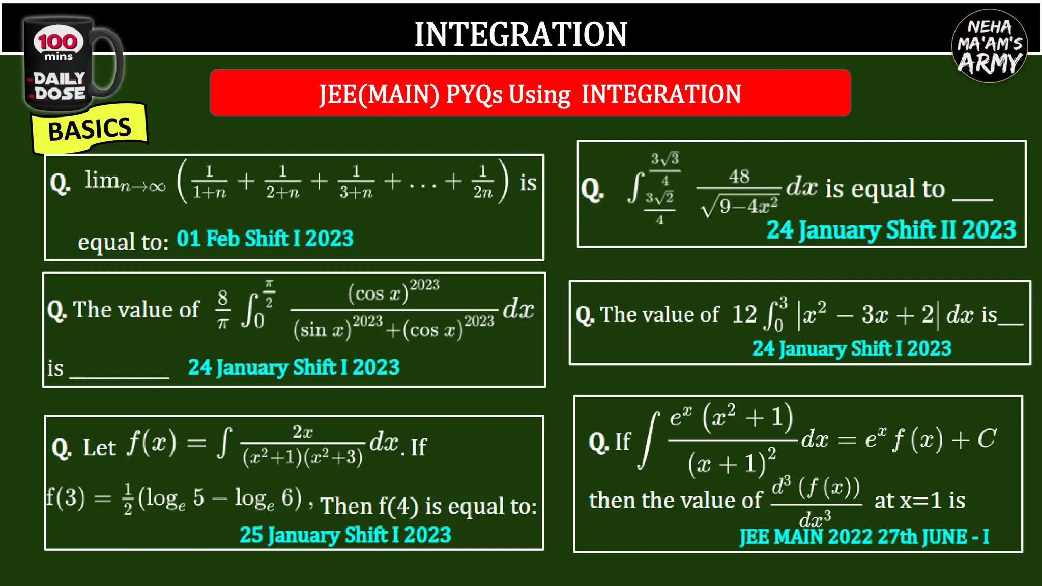 INTEGRATION
JEE(MAIN) PYQs Using INTEGRATION
 