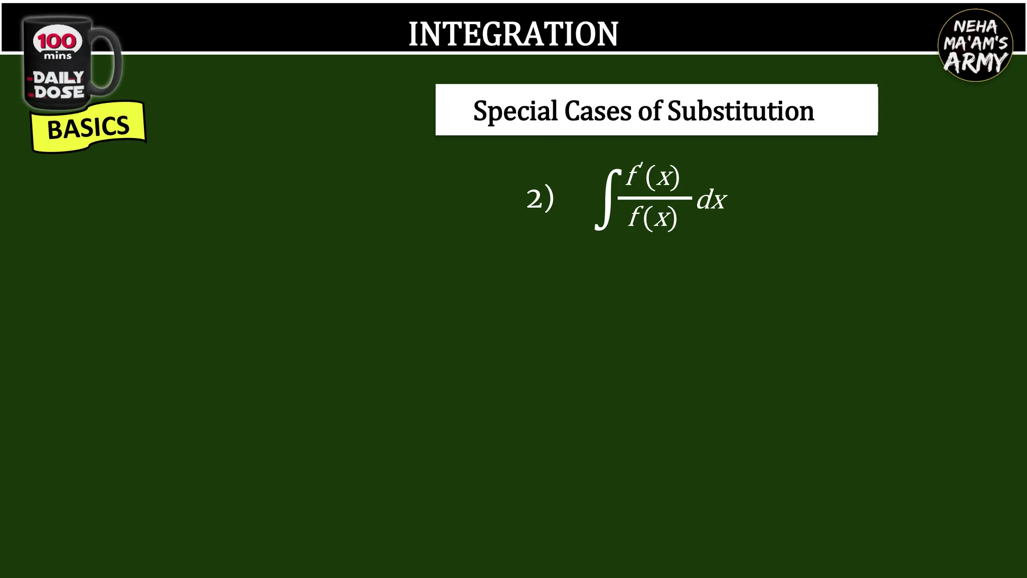 INTEGRATION
f ′(x)
f (x)
∫ dx
2)
Special Cases of Substitution
 