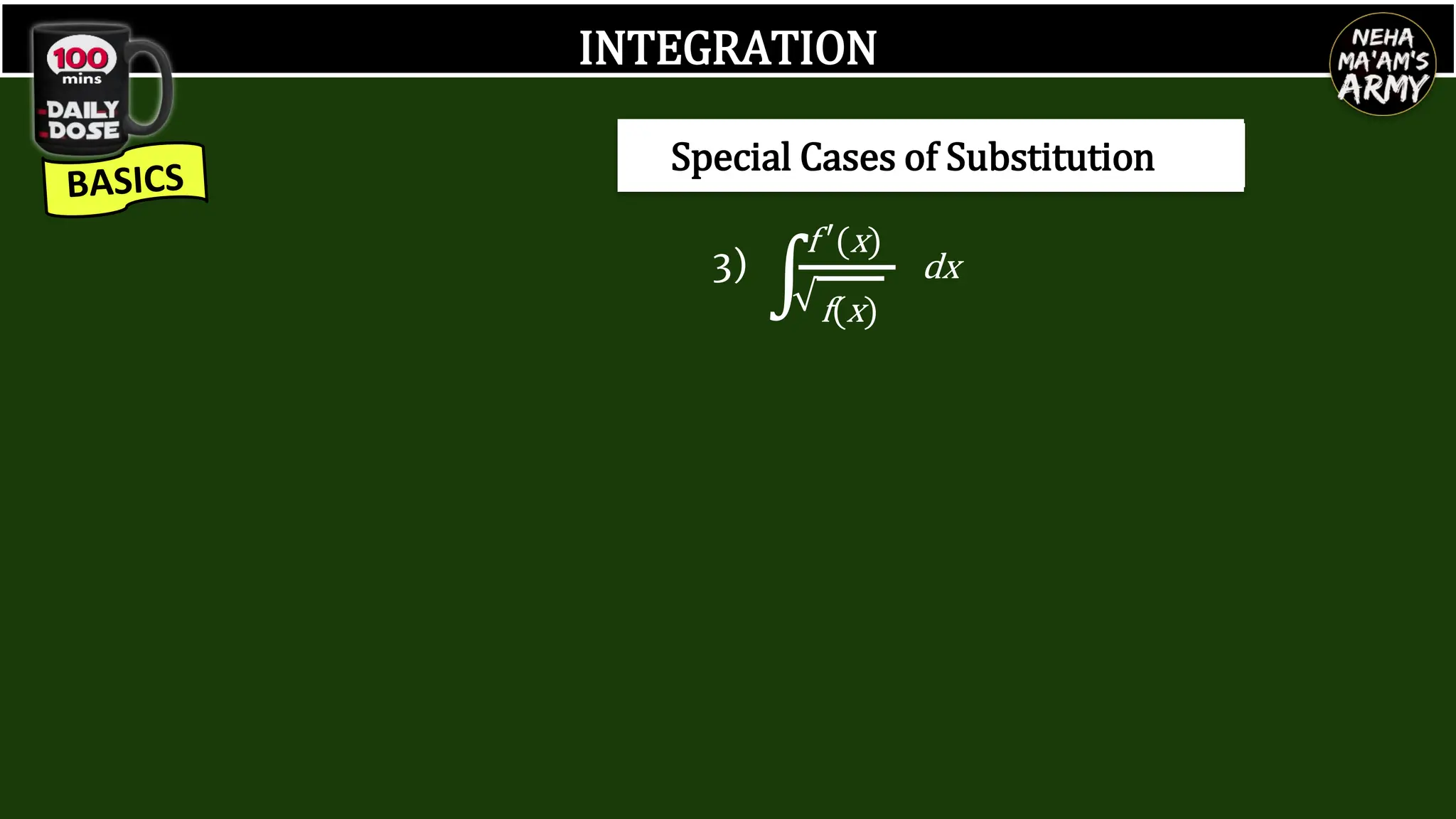 INTEGRATION
∫
f ′(x)
f(x)
dx
3)
√
Special Cases of Substitution
 