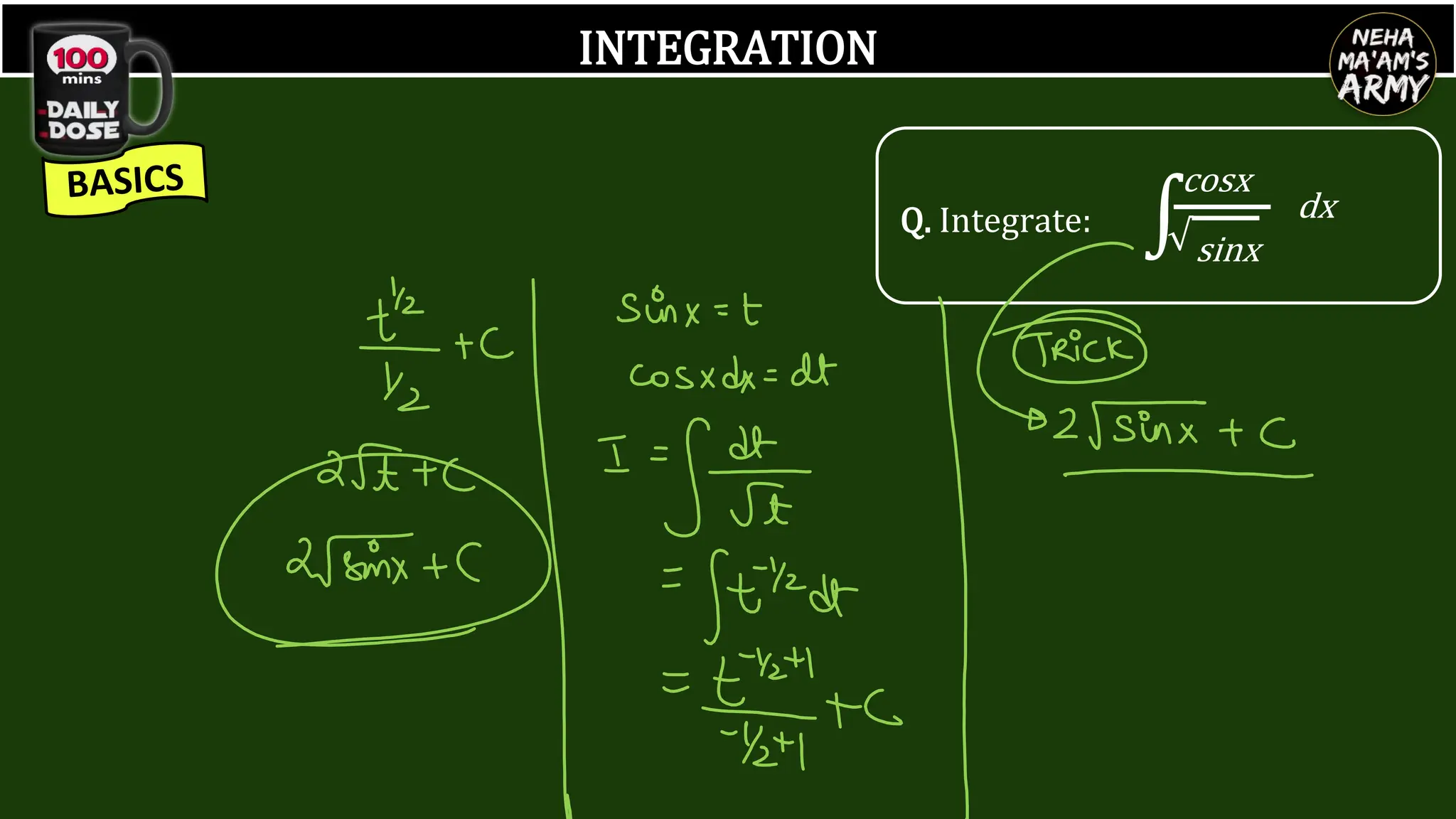 INTEGRATION
Q. Integrate: ∫
cosx
sinx
dx
√
 