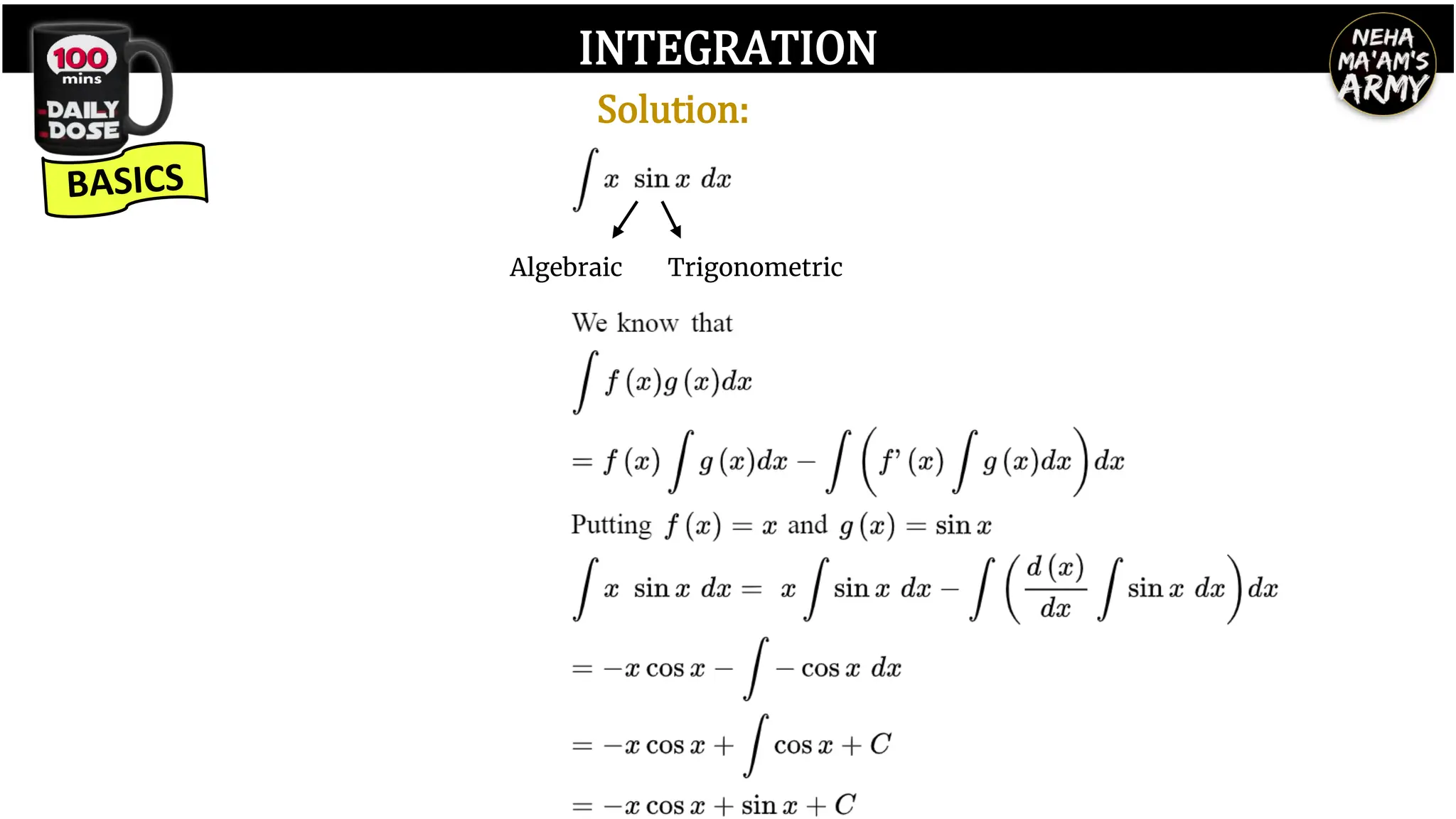 INTEGRATION
Algebraic Trigonometric
Solution:
 