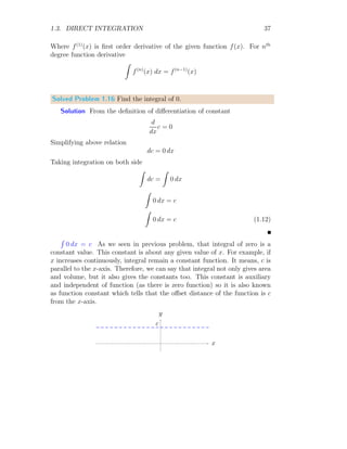 1.1. CONTINUOUS SAMPLING 9
Or it gives
y = c

1 + px +
p2
x2
2
+ . . .

= cepx
This is required result. epx
diverges to a finite value for positive values of x.
Thus, the result is divergent.
Solved Problem 1.3 In a feed-backed integrator as shown in below figure,
find the algebraic solution of this operation. If, initially x[n] = 0 then find
the result.
Solution
+
−p
ℑ
x[n] y[n]
The algebraic solution of this block diagram is
(−p y[n] + x[n])ℑ = y[n]
On simplification, we have
y[n]
x[n]
=
ℑ
1 + pℑ
We know that 1
1+pℑ
is solution of infinite long geometric series with common
ratio of (−pℑ) where |pℑ|  1. So, this solution can be written as
y[n]
x[n]
= 1 − pℑ + p2
ℑ2
− p3
ℑ3
+ . . .

ℑ
This is algebraic solution of the above block diagram. Again,
y[n] = 1 − pℑ + p2
ℑ2
− p3
ℑ3
+ . . .

ℑx[n]
Here, ℑ =
R
, above relation becomes
y[n] =
Z
x[n] dx − p
Z Z
x[n] dx dx + p2
Z Z Z
x[n] dx dx dx − . . .
 