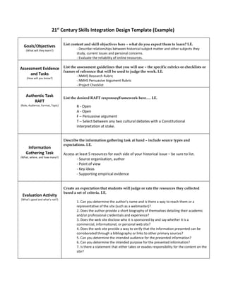 21st Century Skills Integration Design Template (Example)

                                  List content and skill objectives here – what do you expect them to learn? I.E.
  Goals/Objectives
    (What will they learn?)
                                          - Describe relationships between historical subject matter and other subjects they
                                          study, current issues and personal concerns.
                                          - Evaluate the reliability of online resources.

Assessment Evidence List the assessment guidelines that you will use – the specific rubrics or checklists or
                    frames of reference that will be used to judge the work. I.E.
     and Tasks               - NMHS Research Rubric
    (How will you know?)
                                          - NMHS Persuasive Argument Rubric
                                          - Project Checklist

    Authentic Task                List the desired RAFT responses/framework here…. I.E.
        RAFT
(Role, Audience, Format, Topic)           R - Open
                                          A - Open
                                          F – Persuasive argument
                                          T – Select between any two cultural debates with a Constitutional
                                          interpretation at stake.


                                  Describe the information gathering task at hand – include source types and
                                  expectations. I.E.
     Information
    Gathering Task                Access at least 5 resources for each side of your historical issue – be sure to list.
(What, where, and how many?)
                                          - Source organization, author
                                          - Point of view
                                          - Key ideas
                                          - Supporting empirical evidence


                                  Create an expectation that students will judge or rate the resources they collected
                                  based a set of criteria. I.E.
 Evaluation Activity
(What’s good and what’s not?)
                                          1. Can you determine the author’s name and is there a way to reach them or a
                                          representative of the site (such as a webmaster)?
                                          2. Does the author provide a short biography of themselves detailing their academic
                                          and/or professional credentials and experience?
                                          3. Does the web site disclose who it is sponsored by and say whether it is a
                                          commercial, informational, or personal web site?
                                          4. Does the web site provide a way to verify that the information presented can be
                                          corroborated through a bibliography or links to other primary sources?
                                          5. Can you determine the intended audience for the presented information?
                                          6. Can you determine the intended purpose for the presented information?
                                          7. Is there a statement that either takes or evades responsibility for the content on the
                                          site?
 