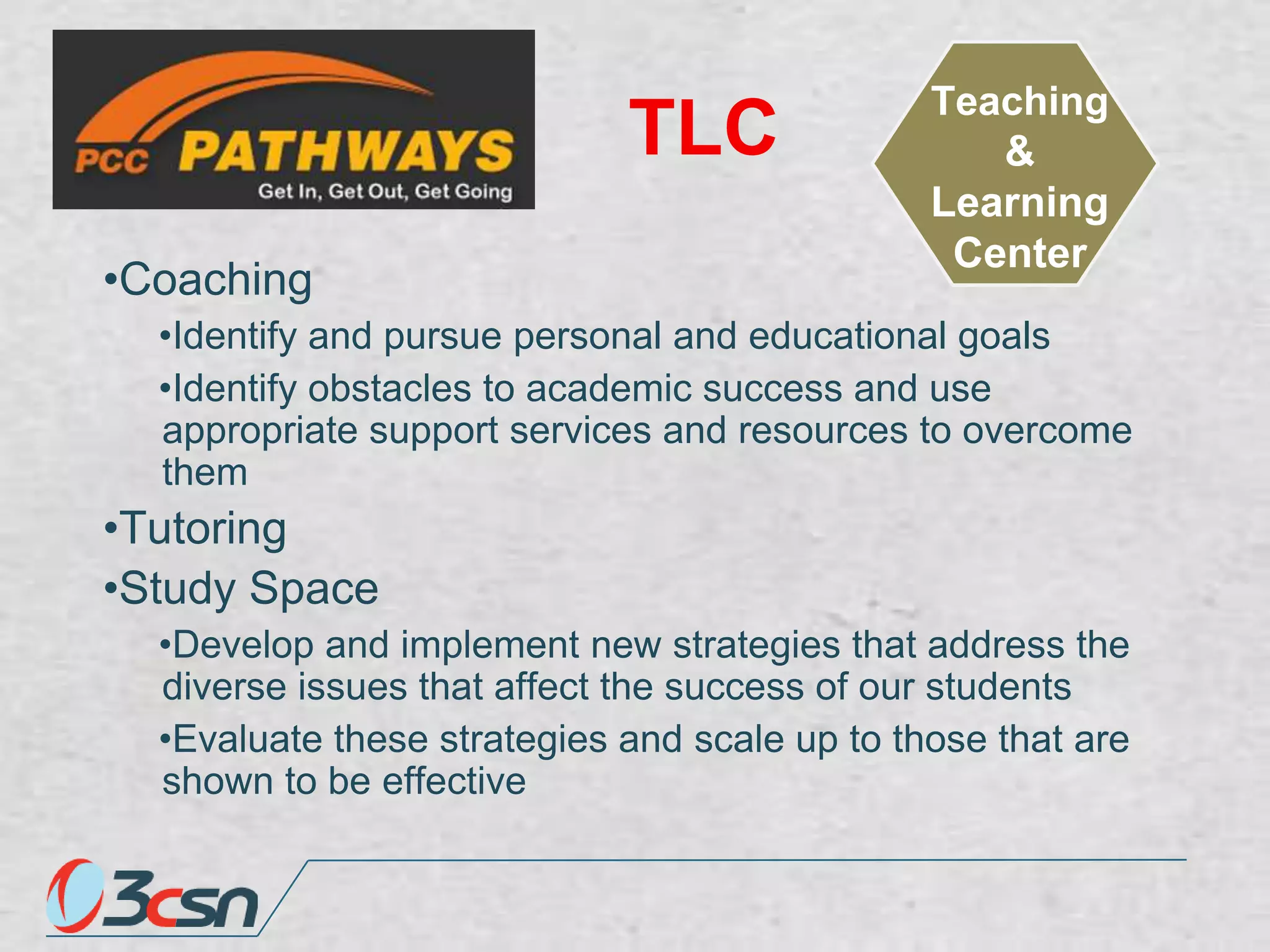 TLC
•Coaching

Teaching
&
Learning
Center

•Identify and pursue personal and educational goals
•Identify obstacles to academic success and use
appropriate support services and resources to overcome
them

•Tutoring
•Study Space
•Develop and implement new strategies that address the
diverse issues that affect the success of our students
•Evaluate these strategies and scale up to those that are
shown to be effective

 