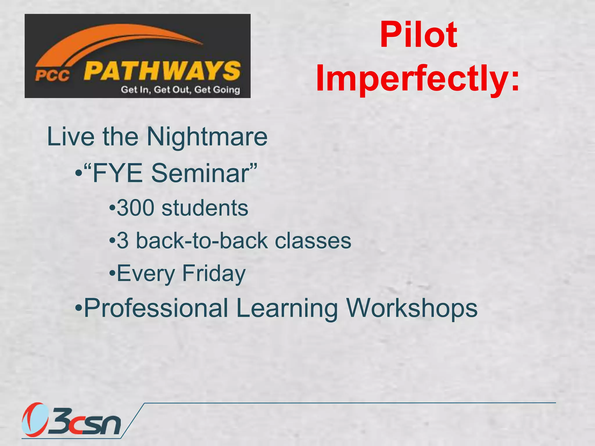 Pilot
Imperfectly:
Live the Nightmare
•“FYE Seminar”
•300 students
•3 back-to-back classes
•Every Friday

•Professional Learning Workshops

 