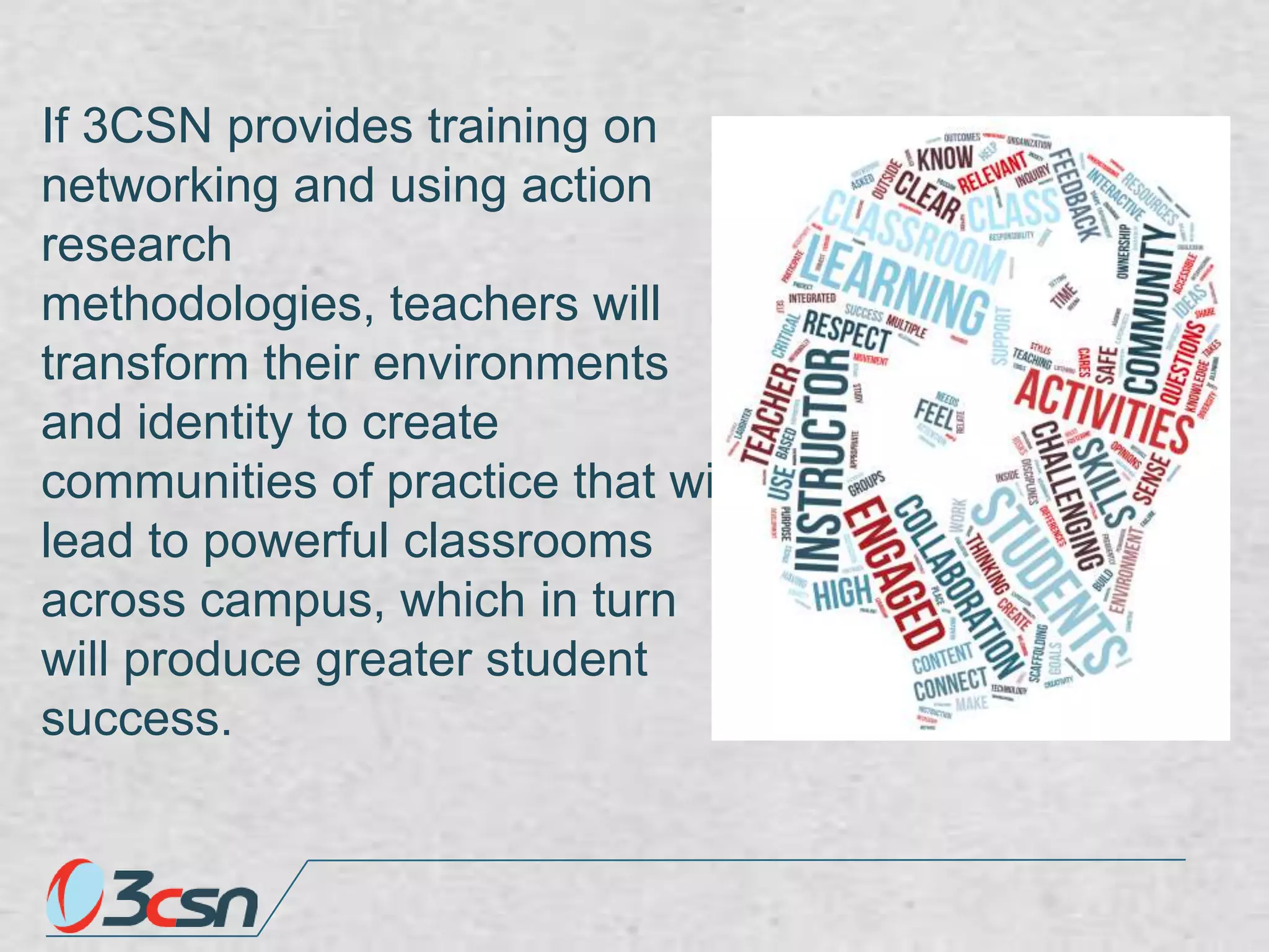 If 3CSN provides training on
networking and using action
research
methodologies, teachers will
transform their environments
and identity to create
communities of practice that will
lead to powerful classrooms
across campus, which in turn
will produce greater student
success.

 
