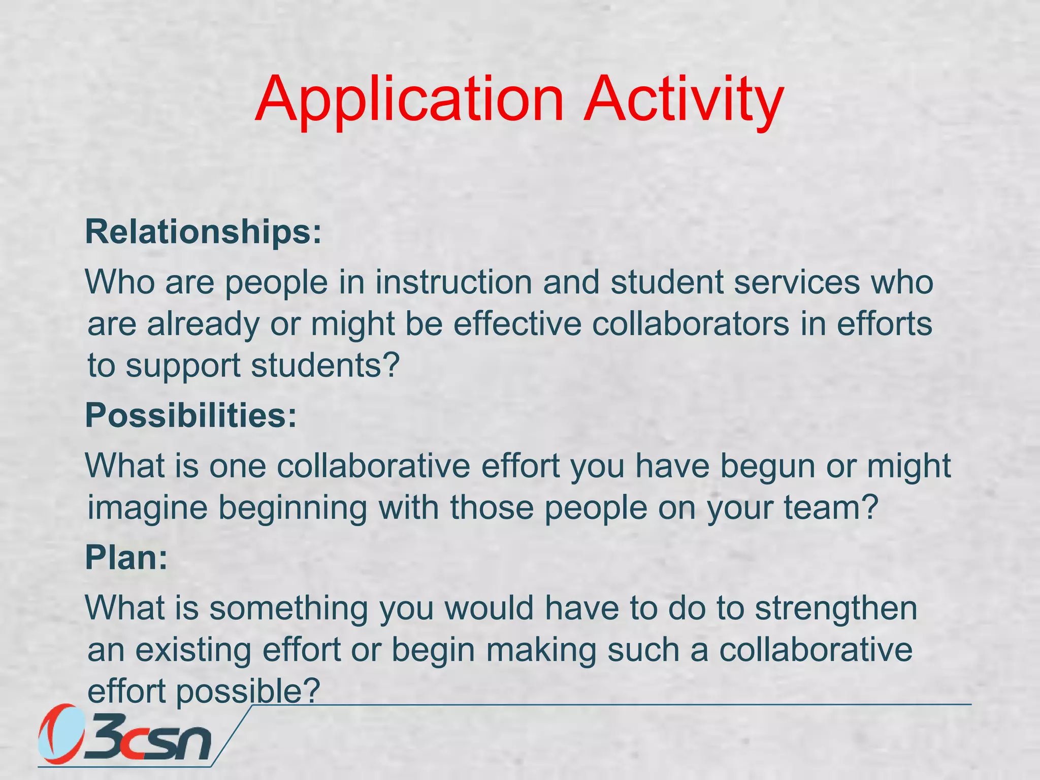 Application Activity
Relationships:
Who are people in instruction and student services who
are already or might be effective collaborators in efforts
to support students?
Possibilities:
What is one collaborative effort you have begun or might
imagine beginning with those people on your team?
Plan:
What is something you would have to do to strengthen
an existing effort or begin making such a collaborative
effort possible?

 