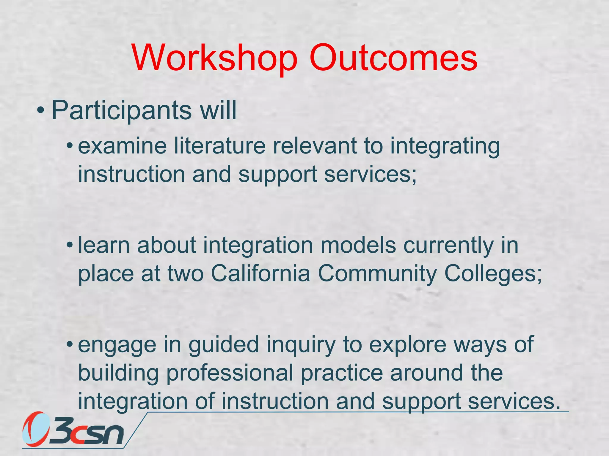 Workshop Outcomes
• Participants will
• examine literature relevant to integrating
instruction and support services;
• learn about integration models currently in
place at two California Community Colleges;
• engage in guided inquiry to explore ways of
building professional practice around the
integration of instruction and support services.

 
