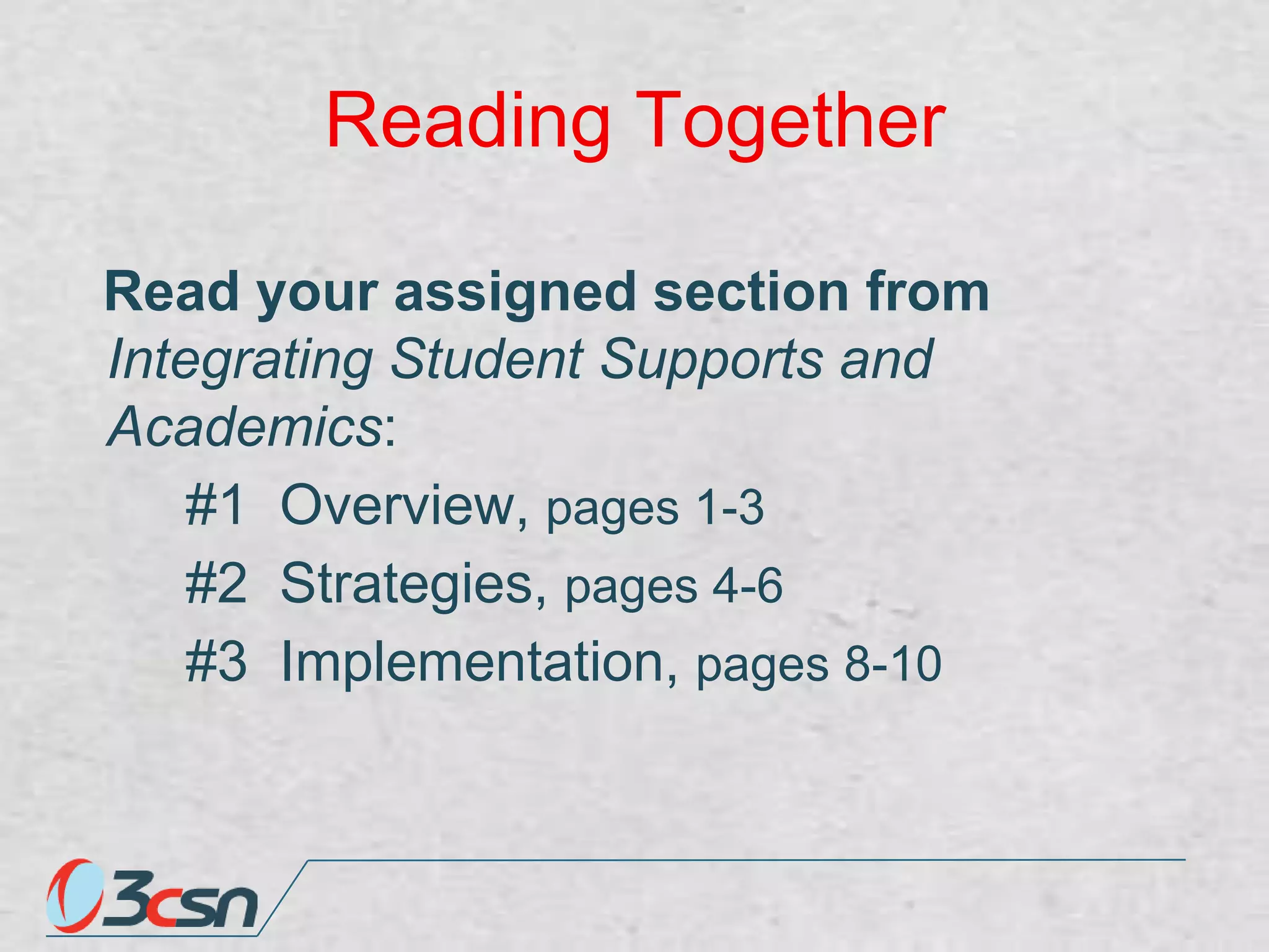 Reading Together
Read your assigned section from
Integrating Student Supports and
Academics:
#1 Overview, pages 1-3
#2 Strategies, pages 4-6
#3 Implementation, pages 8-10

 