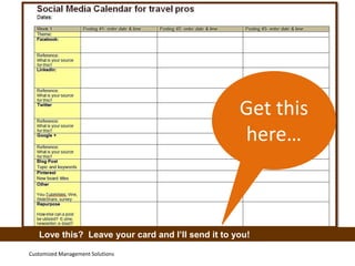 Knowledge without Action is like no Knowledge at all.
Unknown

Catherine J. Heeg
Customized Management Solutions
Phone: 403 726 0171 Fax: 403 726 0371
Catherine.heeg@cmsspeaking.com
cmsspeaking.com
www.twitter.com/catherineheeg www.linkedin.com/in/catherineheeg
Facebook.com/CustomizedManagementSolutions
Pinterest.com/CatherineHeeg

 