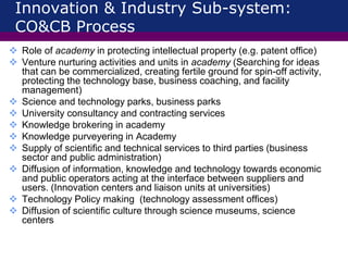 Innovation & Industry Sub-system:
CO&CB Process
 Role of academy in protecting intellectual property (e.g. patent office)
 Venture nurturing activities and units in academy (Searching for ideas
that can be commercialized, creating fertile ground for spin-off activity,
protecting the technology base, business coaching, and facility
management)
 Science and technology parks, business parks
 University consultancy and contracting services
 Knowledge brokering in academy
 Knowledge purveyering in Academy
 Supply of scientific and technical services to third parties (business
sector and public administration)
 Diffusion of information, knowledge and technology towards economic
and public operators acting at the interface between suppliers and
users. (Innovation centers and liaison units at universities)
 Technology Policy making (technology assessment offices)
 Diffusion of scientific culture through science museums, science
centers
 