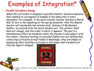 Examples of Integration*
•   Parallel Disciplines Design
    When the curriculum is designed in parallel fashion, teachers sequence
    their lessons to correspond to lessons in the same area in other
    disciplines. For example, if the social studies teacher teaches a World
    War II unit in the beginning of the spring semester, then the English
    teacher will reschedule her autumn book, Summer of My German
    Soldier, to coincide with the social studies unit. The content itself
    does not change, only the order in which it appears. The goal is a
    simultaneous effect as students relate the studies in one subject with
    the others. Teachers working in a parallel fashion are not deliberately
    connecting curriculum across fields of knowledge; they are simply re-
    sequencing their existing curriculum in the hopes that students will
    find the implicit linkages.




            *Source: Jacobs H. H., ed. (1989). Interdisciplinary Curriculum: Design and Implementation (pp. 14-18). Alexandria, VA:
            ASCD
 