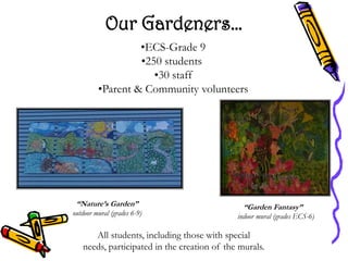 Our Gardeners…
                  •ECS-Grade 9
                  •250 students
                     •30 staff
         •Parent & Community volunteers




 “Nature’s Garden”                             “Garden Fantasy”
outdoor mural (grades 6-9)                   indoor mural (grades ECS-6)

      All students, including those with special
   needs, participated in the creation of the murals.
 