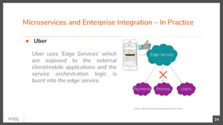 Microservices and Enterprise Integration – In Practice
24
● Uber
Uber uses ‘Edge Services’ which
are exposed to the external
client/mobile applications and the
service orchestration logic is
burnt into the edge service.
Source : https://www.infoq.com/presentations/uber-darwin
 