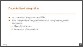 Decentralized Integration
28
● No centralized integration bus/ESB.
● Build independent integration scenarios using an integration
framework :
○ Micro-Integrations
○ Integration Microservices
 
