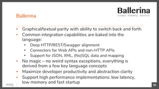 Ballerina
38
▪ Graphical/textual parity with ability to switch back and forth
▪ Common integration capabilities are baked into the
language:
• Deep HTTP/REST/Swagger alignment
• Connectors for Web APIs and non-HTTP APIs
• Support for JSON, XML, (No)SQL data and mapping
▪ No magic – no weird syntax exceptions, everything is
derived from a few key language concepts
▪ Maximize developer productivity and abstraction clarity
▪ Support high performance implementations: low latency,
low memory and fast startup
 