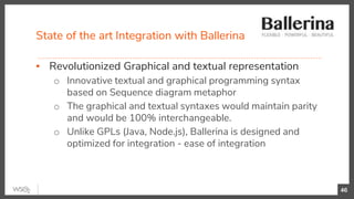 State of the art Integration with Ballerina
46
▪ Revolutionized Graphical and textual representation
o Innovative textual and graphical programming syntax
based on Sequence diagram metaphor
o The graphical and textual syntaxes would maintain parity
and would be 100% interchangeable.
o Unlike GPLs (Java, Node.js), Ballerina is designed and
optimized for integration - ease of integration
 