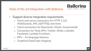 State of the art Integration with Ballerina
49
▪ Support diverse integration requirements
o Client and server connectors for HTTP 1.1/2,
WebSockets, JMS, (S)FTP(S) and more
o Client connectors for BasicAuth, OAuth, AmazonAuth
o Connectors for Web APIs: Twitter, GMail, LinkedIn,
Facebook, Lambda Functions
o EIPs – As language features
o Graphical Data/Type mapping
 