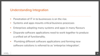 Understanding Integration
▪ Penetration of IT in to businesses is on the rise.
▪ Systems and apps mounts critical business processes
▪ Enterprises adopting many systems and apps in many flavours
▪ Disparate software applications need to work together to produce
a unified set of functionality.
▪ Plumbing different software applications and forming new
software solutions is referred to as ‘enterprise integration’.
5
 