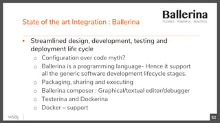 State of the art Integration : Ballerina
52
▪ Streamlined design, development, testing and
deployment life cycle
o Configuration over code myth?
o Ballerina is a programming language- Hence it support
all the generic software development lifecycle stages.
o Packaging, sharing and executing
o Ballerina composer : Graphical/textual editor/debugger
o Testerina and Dockerina
o Docker – support
 