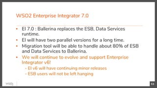 WSO2 Enterprise Integrator 7.0
53
▪ EI 7.0 : Ballerina replaces the ESB, Data Services
runtime.
▪ EI will have two parallel versions for a long time.
▪ Migration tool will be able to handle about 80% of ESB
and Data Services to Ballerina.
▪ We will continue to evolve and support Enterprise
Integrator v6!
- EI v6 will have continuing minor releases
- ESB users will not be left hanging
 