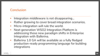 Conclusion
54
▪ Integration middleware is not disappearing…
▪ Rather growing to cover broad integration scenarios.
▪ Micro-integration will rule the world.
▪ Next generation WSO2 Integration Platform is
addressing those new paradigm shifts in Enterprise
Integration with Ballerina.
▪ Ballerina 1.0 GA will be available as a fully fledged
production-ready programming language for building
integrations
 